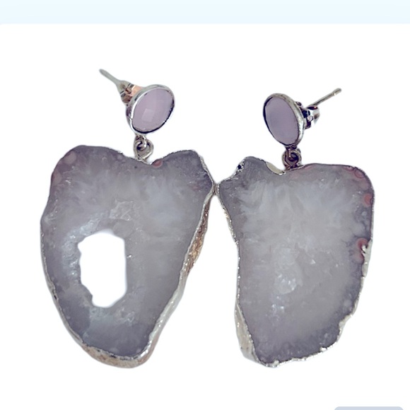 Pink agate slice stone silver earring .925 beautiful!! New - Picture 1 of 1